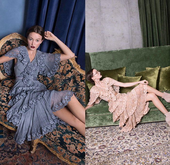 alice + olivia 2018 Pre Fall Autumn Womens Lookbook Presentation - 1920s Twenties 1930s Thirties Atonement Ruffles Satin Silk Metallic Sheen Pleats Pussycat Bow Velvet Sheer Chiffon Nerd Grandma Librarian Geek Chic Flowers Floral Robe Lounge Lace Embroidery Fringes Sequins Trench Coat Pantsuit Blouse Wrap Dress Tiered Gown Eveningwear Denim Jeans Flare Bell Bottom Wide Leg Palazzo Pants Sailor Pants Shorts Heels Boots Platform Shoes Beret Handbag