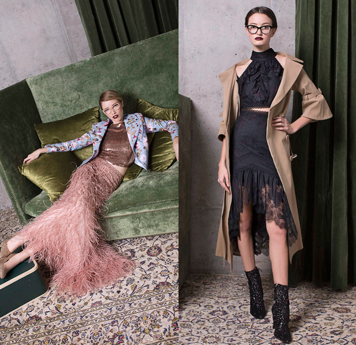 alice + olivia 2018 Pre Fall Autumn Womens Lookbook Presentation - 1920s Twenties 1930s Thirties Atonement Ruffles Satin Silk Metallic Sheen Pleats Pussycat Bow Velvet Sheer Chiffon Nerd Grandma Librarian Geek Chic Flowers Floral Robe Lounge Lace Embroidery Fringes Sequins Trench Coat Pantsuit Blouse Wrap Dress Tiered Gown Eveningwear Denim Jeans Flare Bell Bottom Wide Leg Palazzo Pants Sailor Pants Shorts Heels Boots Platform Shoes Beret Handbag