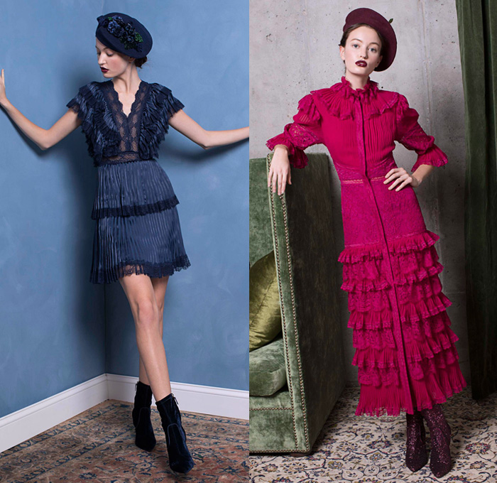 alice + olivia 2018 Pre Fall Autumn Womens Lookbook Presentation - 1920s Twenties 1930s Thirties Atonement Ruffles Satin Silk Metallic Sheen Pleats Pussycat Bow Velvet Sheer Chiffon Nerd Grandma Librarian Geek Chic Flowers Floral Robe Lounge Lace Embroidery Fringes Sequins Trench Coat Pantsuit Blouse Wrap Dress Tiered Gown Eveningwear Denim Jeans Flare Bell Bottom Wide Leg Palazzo Pants Sailor Pants Shorts Heels Boots Platform Shoes Beret Handbag