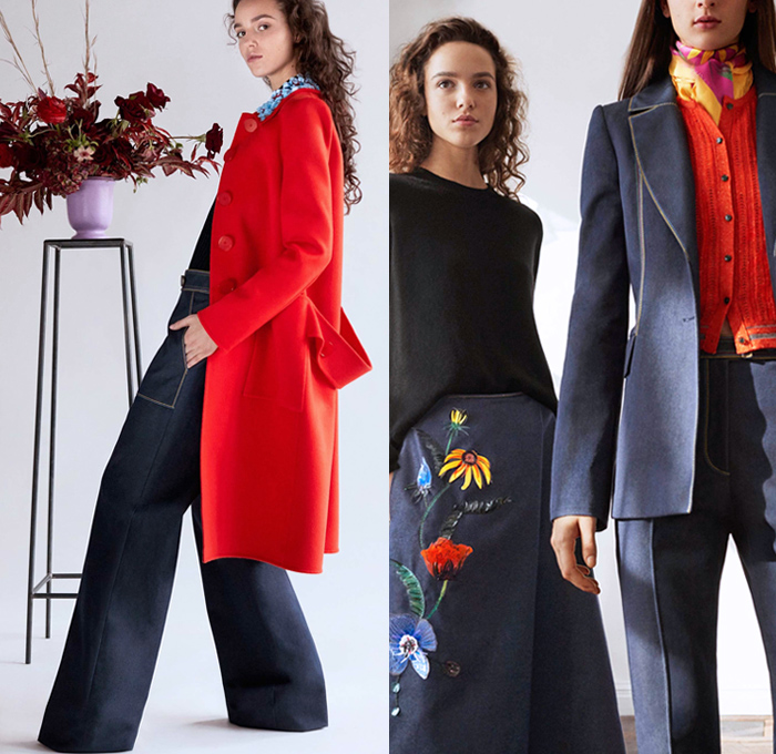 Carolina Herrera 2018 Pre Fall Autumn Womens Lookbook Presentation - Dahlia Lilies Orchid Tulips 3D Flowers Floral Embroidery Knot Bedazzled Paillettes Beads Crystals Decorative Art Sheer Chiffon Organza Tulle Cinch Accordion Pleats Stripes Denim Jeans Wide Leg Trousers Palazzo Pants Blazer Pantsuit Plush Fur Oversized Coat Blouse One Shoulder Strapless Maxi Dress Gown Eveningwear Midi Skirt Shirtdress Boots