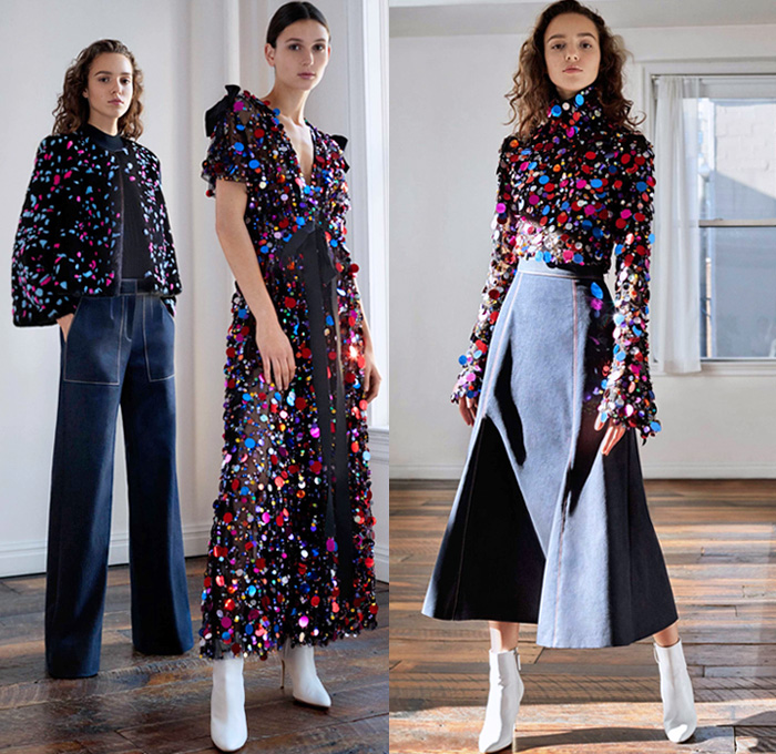 Carolina Herrera 2018 Pre Fall Autumn Womens Lookbook Presentation - Dahlia Lilies Orchid Tulips 3D Flowers Floral Embroidery Knot Bedazzled Paillettes Beads Crystals Decorative Art Sheer Chiffon Organza Tulle Cinch Accordion Pleats Stripes Denim Jeans Wide Leg Trousers Palazzo Pants Blazer Pantsuit Plush Fur Oversized Coat Blouse One Shoulder Strapless Maxi Dress Gown Eveningwear Midi Skirt Shirtdress Boots