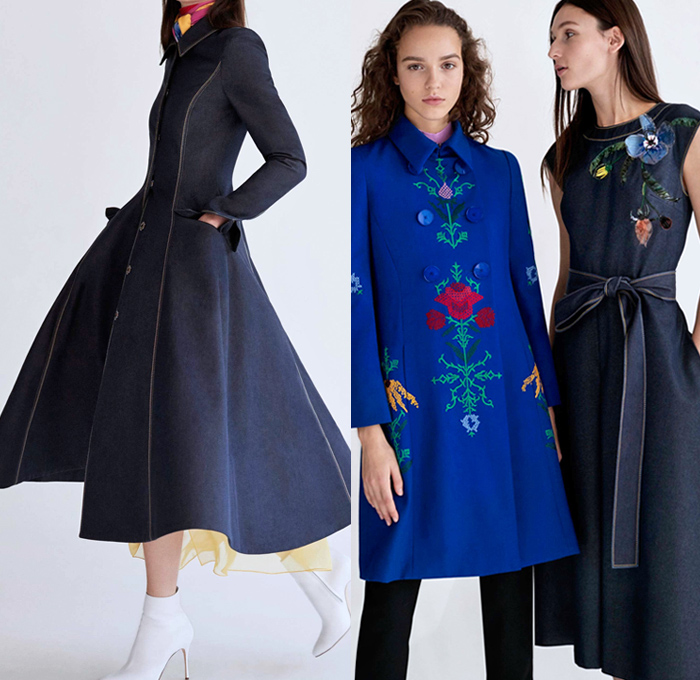 Carolina Herrera 2018 Pre Fall Autumn Womens Lookbook Presentation - Dahlia Lilies Orchid Tulips 3D Flowers Floral Embroidery Knot Bedazzled Paillettes Beads Crystals Decorative Art Sheer Chiffon Organza Tulle Cinch Accordion Pleats Stripes Denim Jeans Wide Leg Trousers Palazzo Pants Blazer Pantsuit Plush Fur Oversized Coat Blouse One Shoulder Strapless Maxi Dress Gown Eveningwear Midi Skirt Shirtdress Boots