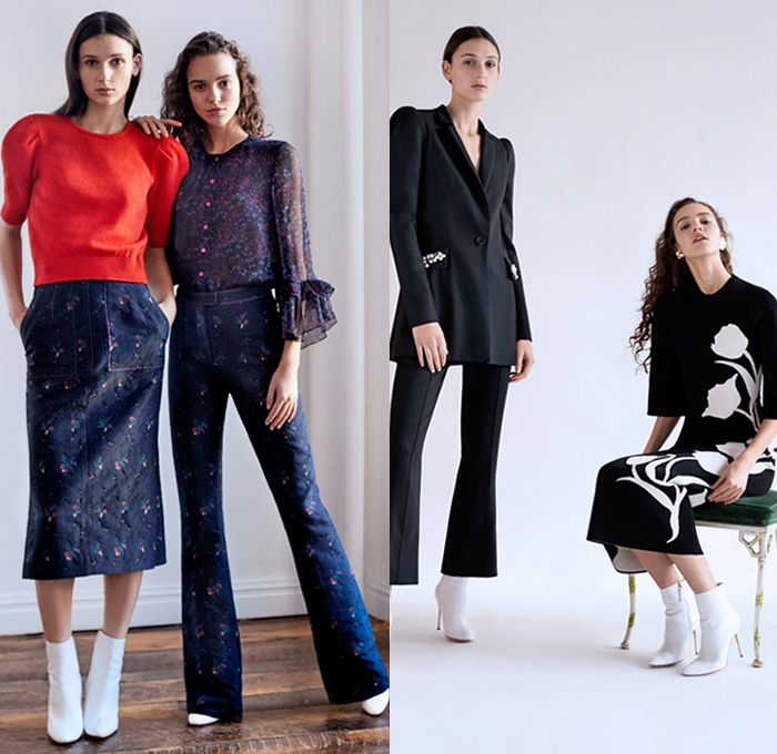 Carolina Herrera 2018 Pre Fall Autumn Womens Lookbook Presentation - Dahlia Lilies Orchid Tulips 3D Flowers Floral Embroidery Knot Bedazzled Paillettes Beads Crystals Decorative Art Sheer Chiffon Organza Tulle Cinch Accordion Pleats Stripes Denim Jeans Wide Leg Trousers Palazzo Pants Blazer Pantsuit Plush Fur Oversized Coat Blouse One Shoulder Strapless Maxi Dress Gown Eveningwear Midi Skirt Shirtdress Boots