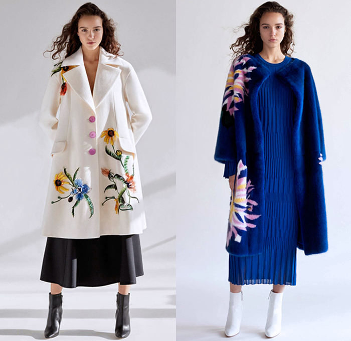 Carolina Herrera 2018 Pre Fall Autumn Womens Lookbook Presentation - Dahlia Lilies Orchid Tulips 3D Flowers Floral Embroidery Knot Bedazzled Paillettes Beads Crystals Decorative Art Sheer Chiffon Organza Tulle Cinch Accordion Pleats Stripes Denim Jeans Wide Leg Trousers Palazzo Pants Blazer Pantsuit Plush Fur Oversized Coat Blouse One Shoulder Strapless Maxi Dress Gown Eveningwear Midi Skirt Shirtdress Boots