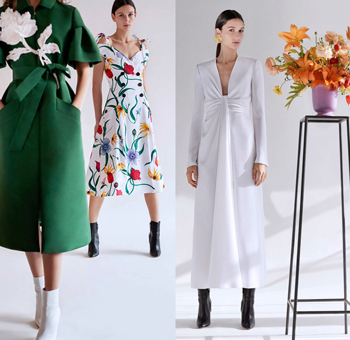 Carolina Herrera 2018 Pre Fall Autumn Womens Lookbook Presentation - Dahlia Lilies Orchid Tulips 3D Flowers Floral Embroidery Knot Bedazzled Paillettes Beads Crystals Decorative Art Sheer Chiffon Organza Tulle Cinch Accordion Pleats Stripes Denim Jeans Wide Leg Trousers Palazzo Pants Blazer Pantsuit Plush Fur Oversized Coat Blouse One Shoulder Strapless Maxi Dress Gown Eveningwear Midi Skirt Shirtdress Boots