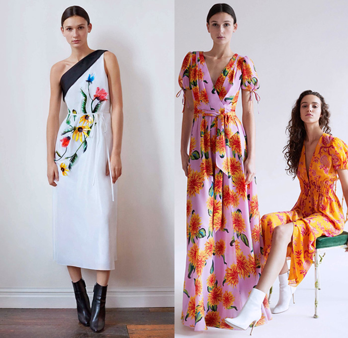 Carolina Herrera 2018 Pre Fall Autumn Womens Lookbook Presentation - Dahlia Lilies Orchid Tulips 3D Flowers Floral Embroidery Knot Bedazzled Paillettes Beads Crystals Decorative Art Sheer Chiffon Organza Tulle Cinch Accordion Pleats Stripes Denim Jeans Wide Leg Trousers Palazzo Pants Blazer Pantsuit Plush Fur Oversized Coat Blouse One Shoulder Strapless Maxi Dress Gown Eveningwear Midi Skirt Shirtdress Boots