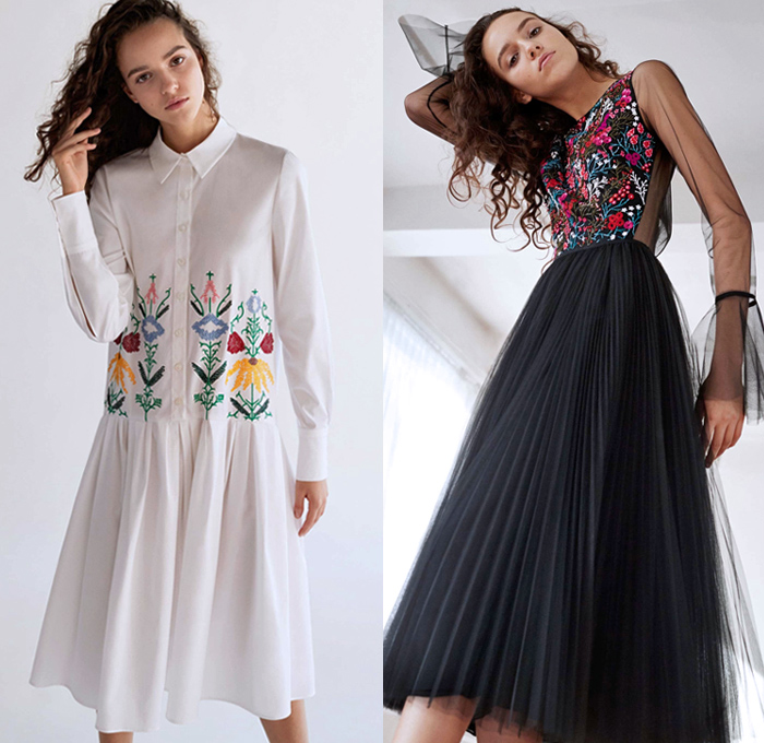 Carolina Herrera 2018 Pre Fall Autumn Womens Lookbook Presentation - Dahlia Lilies Orchid Tulips 3D Flowers Floral Embroidery Knot Bedazzled Paillettes Beads Crystals Decorative Art Sheer Chiffon Organza Tulle Cinch Accordion Pleats Stripes Denim Jeans Wide Leg Trousers Palazzo Pants Blazer Pantsuit Plush Fur Oversized Coat Blouse One Shoulder Strapless Maxi Dress Gown Eveningwear Midi Skirt Shirtdress Boots