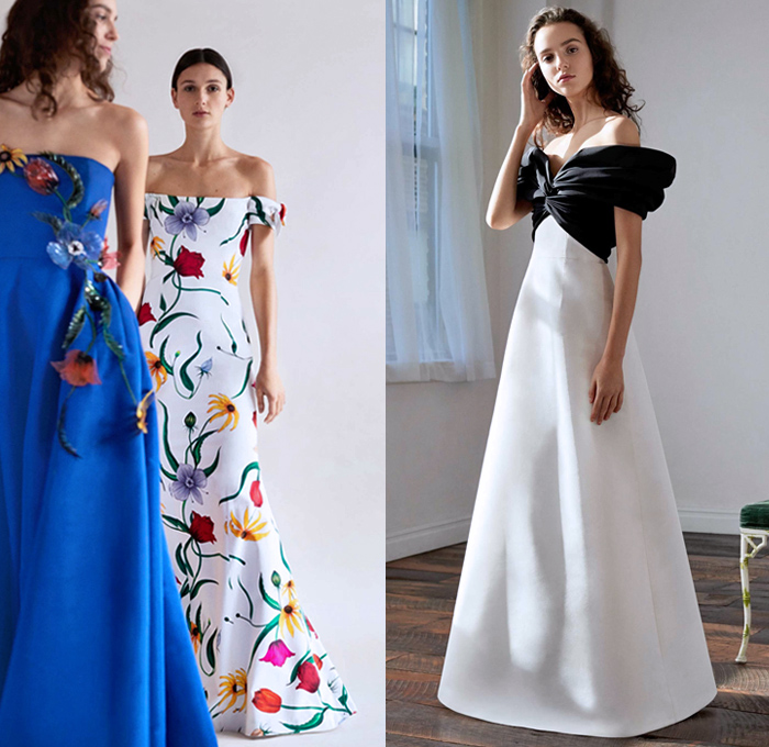 Carolina Herrera 2018 Pre Fall Autumn Womens Lookbook Presentation - Dahlia Lilies Orchid Tulips 3D Flowers Floral Embroidery Knot Bedazzled Paillettes Beads Crystals Decorative Art Sheer Chiffon Organza Tulle Cinch Accordion Pleats Stripes Denim Jeans Wide Leg Trousers Palazzo Pants Blazer Pantsuit Plush Fur Oversized Coat Blouse One Shoulder Strapless Maxi Dress Gown Eveningwear Midi Skirt Shirtdress Boots