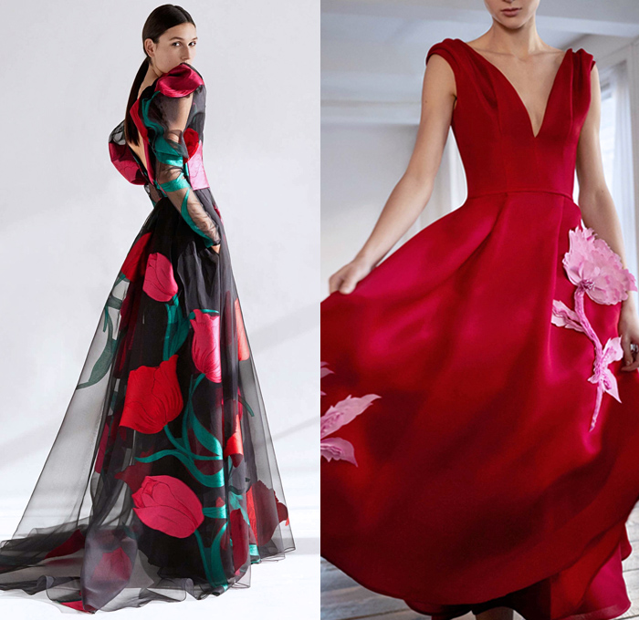 Carolina Herrera 2018 Pre Fall Autumn Womens Lookbook Presentation - Dahlia Lilies Orchid Tulips 3D Flowers Floral Embroidery Knot Bedazzled Paillettes Beads Crystals Decorative Art Sheer Chiffon Organza Tulle Cinch Accordion Pleats Stripes Denim Jeans Wide Leg Trousers Palazzo Pants Blazer Pantsuit Plush Fur Oversized Coat Blouse One Shoulder Strapless Maxi Dress Gown Eveningwear Midi Skirt Shirtdress Boots