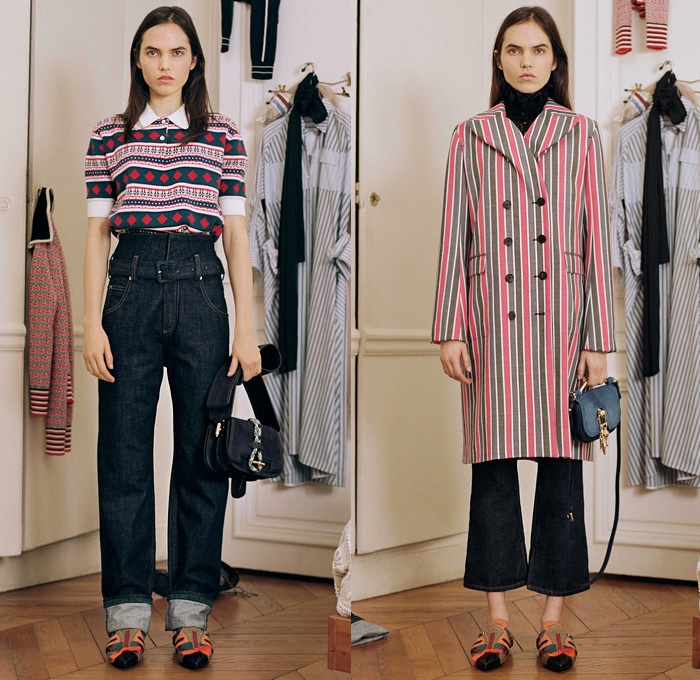 Carven 2018 Pre Fall Autumn Womens Lookbook Presentation - Geometric Ornamental Print Decorative Art Tribal Ethnic Folk Stripes Frayed Raw Hem Wool Layers Sheer Chiffon Ruffles Check Mesh Leather Outerwear Coat Jacket Polo Shirt Turtleneck Quilted Waffle Asymmetrical Closure Buttons Sleeveless Crop Top Midriff Sweater Bloated Sleeves Flare Denim Jeans Elongated Hem Slouchy Skirt Curved Hem Dress Jogger SweatpantsCrossbody Bucket Bag Wide Strap Mules Boots Lace Up Tassels Moccasins