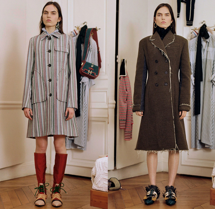 Carven 2018 Pre Fall Autumn Womens Lookbook Presentation - Geometric Ornamental Print Decorative Art Tribal Ethnic Folk Stripes Frayed Raw Hem Wool Layers Sheer Chiffon Ruffles Check Mesh Leather Outerwear Coat Jacket Polo Shirt Turtleneck Quilted Waffle Asymmetrical Closure Buttons Sleeveless Crop Top Midriff Sweater Bloated Sleeves Flare Denim Jeans Elongated Hem Slouchy Skirt Curved Hem Dress Jogger SweatpantsCrossbody Bucket Bag Wide Strap Mules Boots Lace Up Tassels Moccasins