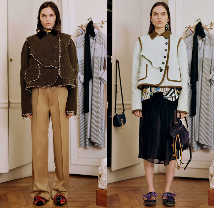 Carven 2018 Pre Fall Autumn Womens Lookbook Presentation - Geometric Ornamental Print Decorative Art Tribal Ethnic Folk Stripes Frayed Raw Hem Wool Layers Sheer Chiffon Ruffles Check Mesh Leather Outerwear Coat Jacket Polo Shirt Turtleneck Quilted Waffle Asymmetrical Closure Buttons Sleeveless Crop Top Midriff Sweater Bloated Sleeves Flare Denim Jeans Elongated Hem Slouchy Skirt Curved Hem Dress Jogger SweatpantsCrossbody Bucket Bag Wide Strap Mules Boots Lace Up Tassels Moccasins