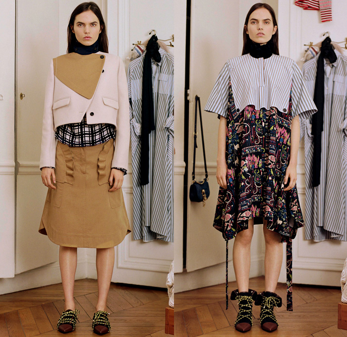 Carven 2018 Pre Fall Autumn Womens Lookbook Presentation - Geometric Ornamental Print Decorative Art Tribal Ethnic Folk Stripes Frayed Raw Hem Wool Layers Sheer Chiffon Ruffles Check Mesh Leather Outerwear Coat Jacket Polo Shirt Turtleneck Quilted Waffle Asymmetrical Closure Buttons Sleeveless Crop Top Midriff Sweater Bloated Sleeves Flare Denim Jeans Elongated Hem Slouchy Skirt Curved Hem Dress Jogger SweatpantsCrossbody Bucket Bag Wide Strap Mules Boots Lace Up Tassels Moccasins