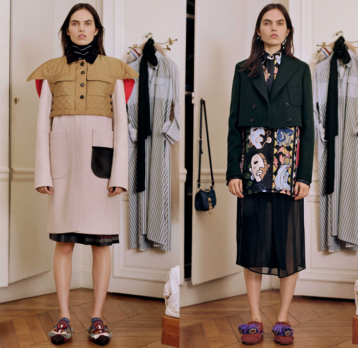 Carven 2018 Pre Fall Autumn Womens Lookbook Presentation - Geometric Ornamental Print Decorative Art Tribal Ethnic Folk Stripes Frayed Raw Hem Wool Layers Sheer Chiffon Ruffles Check Mesh Leather Outerwear Coat Jacket Polo Shirt Turtleneck Quilted Waffle Asymmetrical Closure Buttons Sleeveless Crop Top Midriff Sweater Bloated Sleeves Flare Denim Jeans Elongated Hem Slouchy Skirt Curved Hem Dress Jogger SweatpantsCrossbody Bucket Bag Wide Strap Mules Boots Lace Up Tassels Moccasins