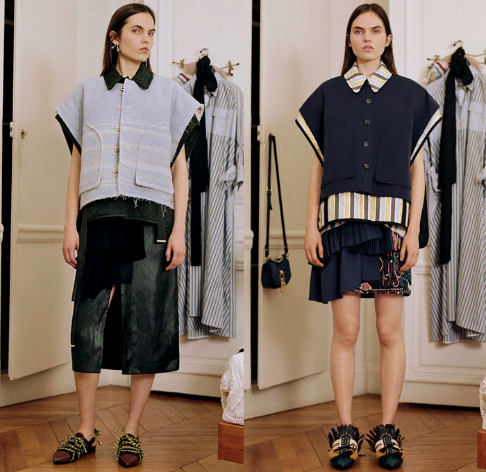 Carven 2018 Pre Fall Autumn Womens Lookbook Presentation - Geometric Ornamental Print Decorative Art Tribal Ethnic Folk Stripes Frayed Raw Hem Wool Layers Sheer Chiffon Ruffles Check Mesh Leather Outerwear Coat Jacket Polo Shirt Turtleneck Quilted Waffle Asymmetrical Closure Buttons Sleeveless Crop Top Midriff Sweater Bloated Sleeves Flare Denim Jeans Elongated Hem Slouchy Skirt Curved Hem Dress Jogger SweatpantsCrossbody Bucket Bag Wide Strap Mules Boots Lace Up Tassels Moccasins