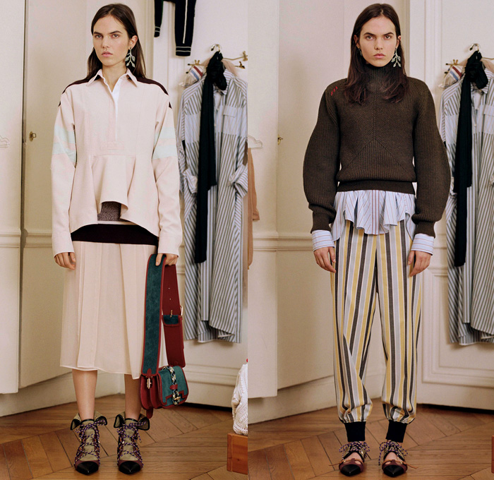 Carven 2018 Pre Fall Autumn Womens Lookbook Presentation - Geometric Ornamental Print Decorative Art Tribal Ethnic Folk Stripes Frayed Raw Hem Wool Layers Sheer Chiffon Ruffles Check Mesh Leather Outerwear Coat Jacket Polo Shirt Turtleneck Quilted Waffle Asymmetrical Closure Buttons Sleeveless Crop Top Midriff Sweater Bloated Sleeves Flare Denim Jeans Elongated Hem Slouchy Skirt Curved Hem Dress Jogger SweatpantsCrossbody Bucket Bag Wide Strap Mules Boots Lace Up Tassels Moccasins