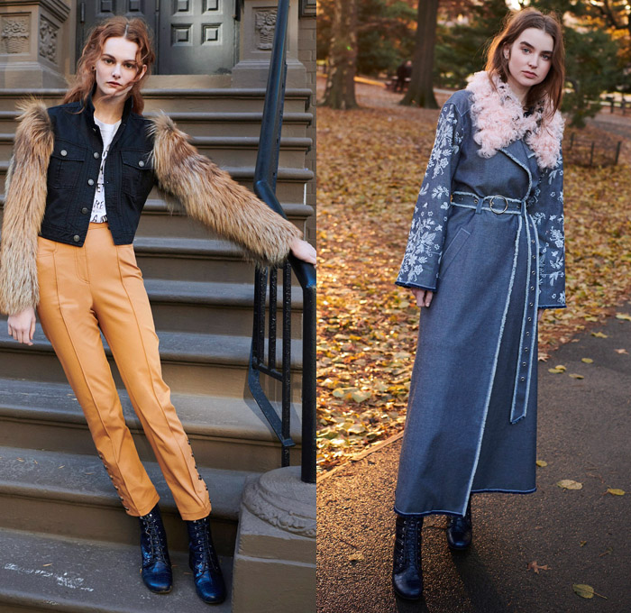 Cinq à Sept 2018 Pre Fall Autumn Womens Lookbook Presentation - Denim Jeans Furry Sleeve Shearling Outerwear Trench Coat Flowers Floral Botanical Embroidery Mix Match Mash Up Strapless Bustier Corset Ruffles Check Tiered Bell Sleeves Bandeau Crop Top Midriff Wrap Shirtdress High Waist Pants Pencil Skirt Shorts Boots Straps Belts