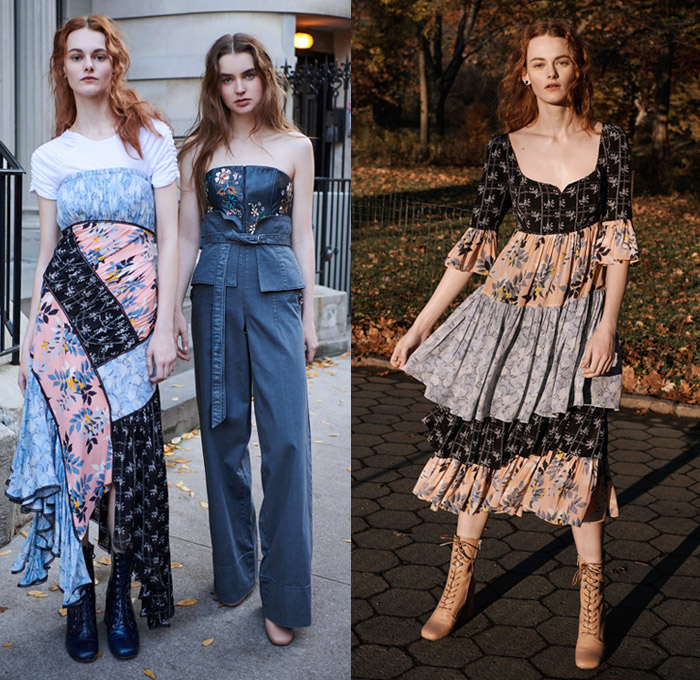 Cinq à Sept 2018 Pre Fall Autumn Womens Lookbook Presentation - Denim Jeans Furry Sleeve Shearling Outerwear Trench Coat Flowers Floral Botanical Embroidery Mix Match Mash Up Strapless Bustier Corset Ruffles Check Tiered Bell Sleeves Bandeau Crop Top Midriff Wrap Shirtdress High Waist Pants Pencil Skirt Shorts Boots Straps Belts