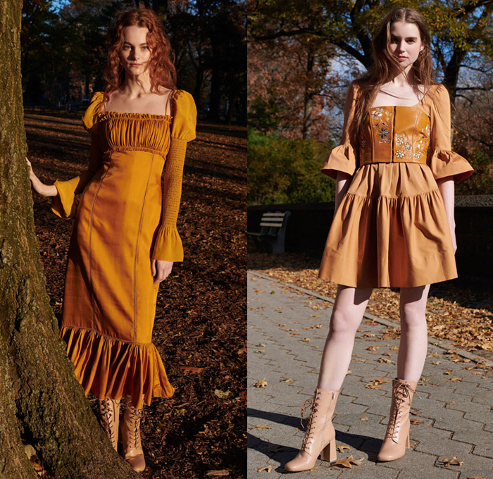 Cinq à Sept 2018 Pre Fall Autumn Womens Lookbook Presentation - Denim Jeans Furry Sleeve Shearling Outerwear Trench Coat Flowers Floral Botanical Embroidery Mix Match Mash Up Strapless Bustier Corset Ruffles Check Tiered Bell Sleeves Bandeau Crop Top Midriff Wrap Shirtdress High Waist Pants Pencil Skirt Shorts Boots Straps Belts