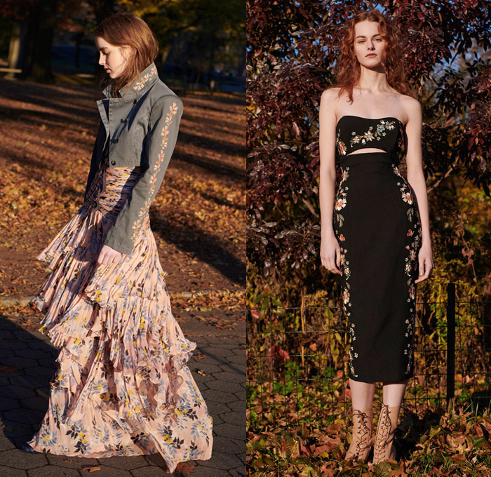 Cinq à Sept 2018 Pre Fall Autumn Womens Lookbook Presentation - Denim Jeans Furry Sleeve Shearling Outerwear Trench Coat Flowers Floral Botanical Embroidery Mix Match Mash Up Strapless Bustier Corset Ruffles Check Tiered Bell Sleeves Bandeau Crop Top Midriff Wrap Shirtdress High Waist Pants Pencil Skirt Shorts Boots Straps Belts