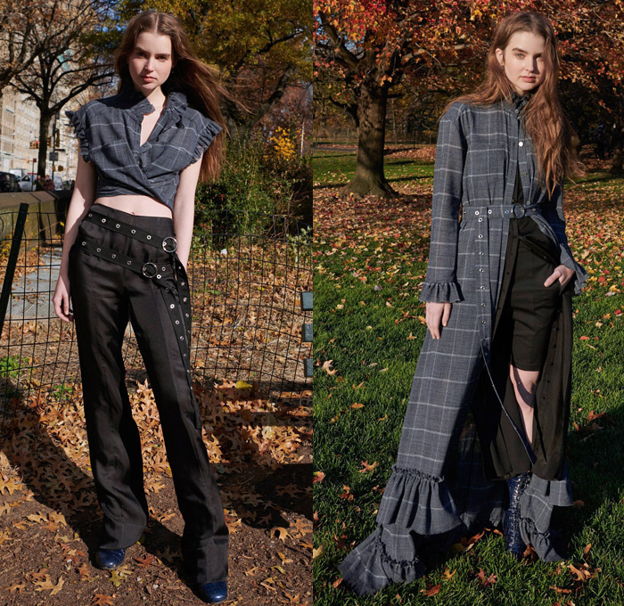 Cinq à Sept 2018 Pre Fall Autumn Womens Lookbook Presentation - Denim Jeans Furry Sleeve Shearling Outerwear Trench Coat Flowers Floral Botanical Embroidery Mix Match Mash Up Strapless Bustier Corset Ruffles Check Tiered Bell Sleeves Bandeau Crop Top Midriff Wrap Shirtdress High Waist Pants Pencil Skirt Shorts Boots Straps Belts