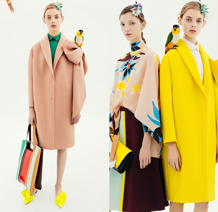 DELPOZO 2018 Pre Fall Autumn Womens Lookbook Presentation - Exotic Birds Parrot Crepe Wool Poplin Shirt Petals Knot Ribbon Bow Stripes Accordion Pleats Flowers Floral Embroidery Bedazzled Geometric Sheer Chiffon Tulle Draped Spots Plush Fur Coat Blouse Blazer Turtleneck Boatneck Rectangular Round Neck Pantsuit Knit Sweaterdress Strapless Maxi Dress Goddess Gown Eveningwear Angular Hem Onesie Jumpsuit Coveralls Wide Leg Palazzo Pants Tote Handbag Clutch Purse Hairpin Flats Mules Kitten Heels