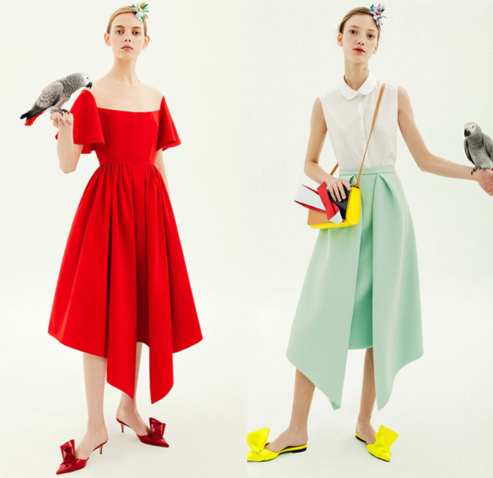 DELPOZO 2018 Pre Fall Autumn Womens Lookbook Presentation - Exotic Birds Parrot Crepe Wool Poplin Shirt Petals Knot Ribbon Bow Stripes Accordion Pleats Flowers Floral Embroidery Bedazzled Geometric Sheer Chiffon Tulle Draped Spots Plush Fur Coat Blouse Blazer Turtleneck Boatneck Rectangular Round Neck Pantsuit Knit Sweaterdress Strapless Maxi Dress Goddess Gown Eveningwear Angular Hem Onesie Jumpsuit Coveralls Wide Leg Palazzo Pants Tote Handbag Clutch Purse Hairpin Flats Mules Kitten Heels