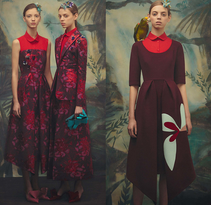 DELPOZO 2018 Pre Fall Autumn Womens Lookbook Presentation - Exotic Birds Parrot Crepe Wool Poplin Shirt Petals Knot Ribbon Bow Stripes Accordion Pleats Flowers Floral Embroidery Bedazzled Geometric Sheer Chiffon Tulle Draped Spots Plush Fur Coat Blouse Blazer Turtleneck Boatneck Rectangular Round Neck Pantsuit Knit Sweaterdress Strapless Maxi Dress Goddess Gown Eveningwear Angular Hem Onesie Jumpsuit Coveralls Wide Leg Palazzo Pants Tote Handbag Clutch Purse Hairpin Flats Mules Kitten Heels