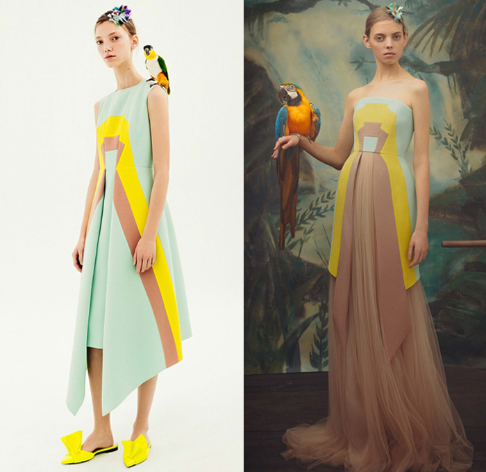 DELPOZO 2018 Pre Fall Autumn Womens Lookbook Presentation - Exotic Birds Parrot Crepe Wool Poplin Shirt Petals Knot Ribbon Bow Stripes Accordion Pleats Flowers Floral Embroidery Bedazzled Geometric Sheer Chiffon Tulle Draped Spots Plush Fur Coat Blouse Blazer Turtleneck Boatneck Rectangular Round Neck Pantsuit Knit Sweaterdress Strapless Maxi Dress Goddess Gown Eveningwear Angular Hem Onesie Jumpsuit Coveralls Wide Leg Palazzo Pants Tote Handbag Clutch Purse Hairpin Flats Mules Kitten Heels