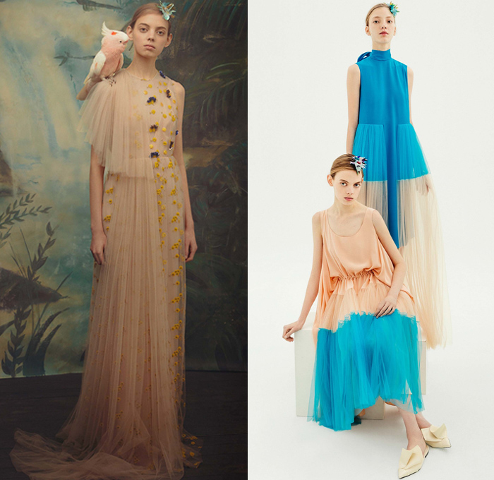 DELPOZO 2018 Pre Fall Autumn Womens Lookbook Presentation - Exotic Birds Parrot Crepe Wool Poplin Shirt Petals Knot Ribbon Bow Stripes Accordion Pleats Flowers Floral Embroidery Bedazzled Geometric Sheer Chiffon Tulle Draped Spots Plush Fur Coat Blouse Blazer Turtleneck Boatneck Rectangular Round Neck Pantsuit Knit Sweaterdress Strapless Maxi Dress Goddess Gown Eveningwear Angular Hem Onesie Jumpsuit Coveralls Wide Leg Palazzo Pants Tote Handbag Clutch Purse Hairpin Flats Mules Kitten Heels