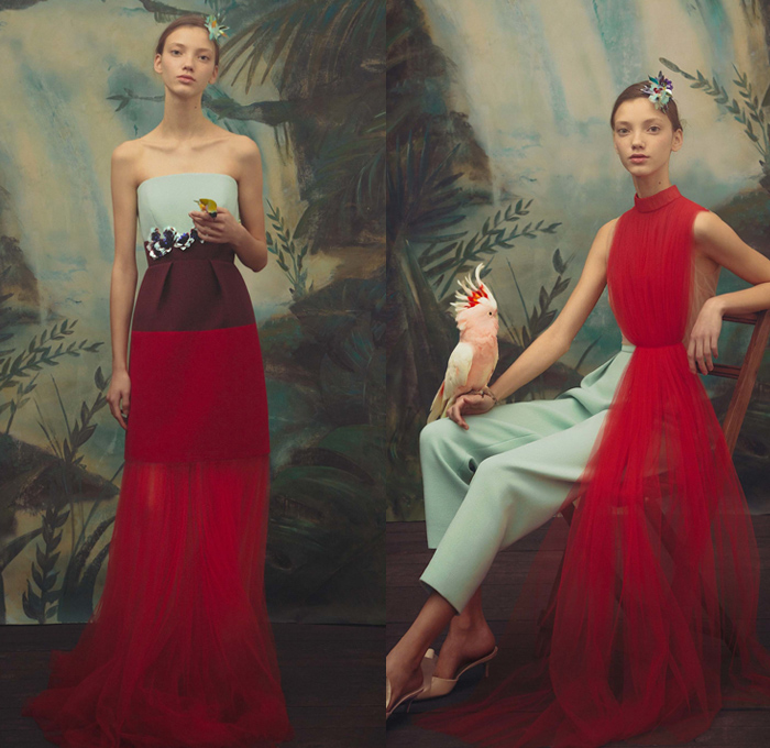 DELPOZO 2018 Pre Fall Autumn Womens Lookbook Presentation - Exotic Birds Parrot Crepe Wool Poplin Shirt Petals Knot Ribbon Bow Stripes Accordion Pleats Flowers Floral Embroidery Bedazzled Geometric Sheer Chiffon Tulle Draped Spots Plush Fur Coat Blouse Blazer Turtleneck Boatneck Rectangular Round Neck Pantsuit Knit Sweaterdress Strapless Maxi Dress Goddess Gown Eveningwear Angular Hem Onesie Jumpsuit Coveralls Wide Leg Palazzo Pants Tote Handbag Clutch Purse Hairpin Flats Mules Kitten Heels