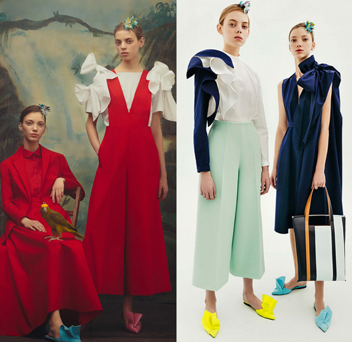 DELPOZO 2018 Pre Fall Autumn Womens Lookbook Presentation - Exotic Birds Parrot Crepe Wool Poplin Shirt Petals Knot Ribbon Bow Stripes Accordion Pleats Flowers Floral Embroidery Bedazzled Geometric Sheer Chiffon Tulle Draped Spots Plush Fur Coat Blouse Blazer Turtleneck Boatneck Rectangular Round Neck Pantsuit Knit Sweaterdress Strapless Maxi Dress Goddess Gown Eveningwear Angular Hem Onesie Jumpsuit Coveralls Wide Leg Palazzo Pants Tote Handbag Clutch Purse Hairpin Flats Mules Kitten Heels