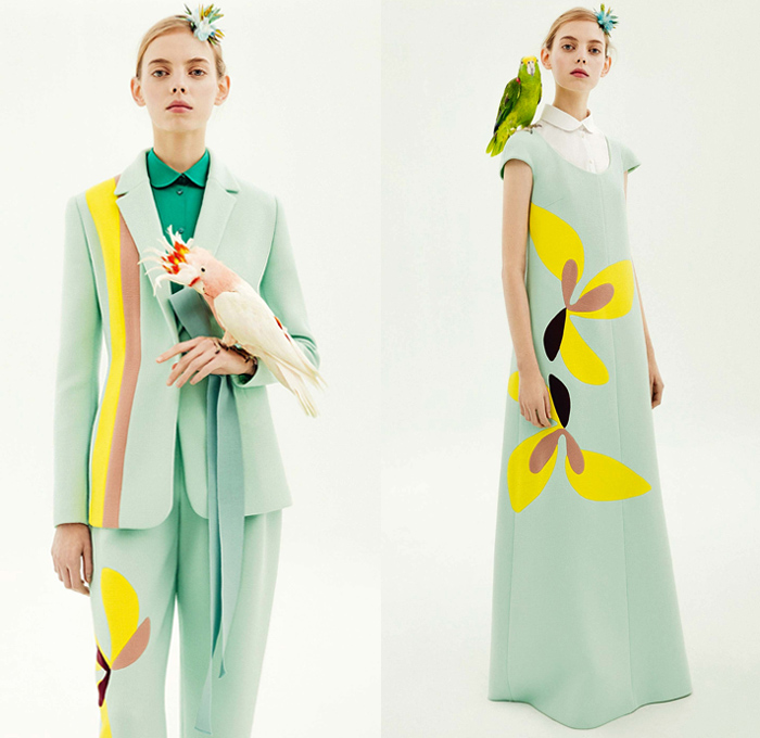 DELPOZO 2018 Pre Fall Autumn Womens Lookbook Presentation - Exotic Birds Parrot Crepe Wool Poplin Shirt Petals Knot Ribbon Bow Stripes Accordion Pleats Flowers Floral Embroidery Bedazzled Geometric Sheer Chiffon Tulle Draped Spots Plush Fur Coat Blouse Blazer Turtleneck Boatneck Rectangular Round Neck Pantsuit Knit Sweaterdress Strapless Maxi Dress Goddess Gown Eveningwear Angular Hem Onesie Jumpsuit Coveralls Wide Leg Palazzo Pants Tote Handbag Clutch Purse Hairpin Flats Mules Kitten Heels