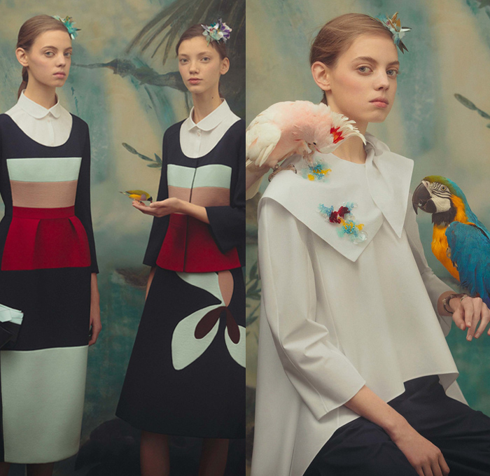 DELPOZO 2018 Pre Fall Autumn Womens Lookbook Presentation - Exotic Birds Parrot Crepe Wool Poplin Shirt Petals Knot Ribbon Bow Stripes Accordion Pleats Flowers Floral Embroidery Bedazzled Geometric Sheer Chiffon Tulle Draped Spots Plush Fur Coat Blouse Blazer Turtleneck Boatneck Rectangular Round Neck Pantsuit Knit Sweaterdress Strapless Maxi Dress Goddess Gown Eveningwear Angular Hem Onesie Jumpsuit Coveralls Wide Leg Palazzo Pants Tote Handbag Clutch Purse Hairpin Flats Mules Kitten Heels