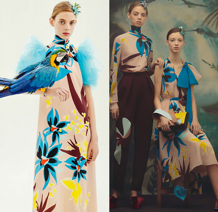 DELPOZO 2018 Pre Fall Autumn Womens Lookbook Presentation - Exotic Birds Parrot Crepe Wool Poplin Shirt Petals Knot Ribbon Bow Stripes Accordion Pleats Flowers Floral Embroidery Bedazzled Geometric Sheer Chiffon Tulle Draped Spots Plush Fur Coat Blouse Blazer Turtleneck Boatneck Rectangular Round Neck Pantsuit Knit Sweaterdress Strapless Maxi Dress Goddess Gown Eveningwear Angular Hem Onesie Jumpsuit Coveralls Wide Leg Palazzo Pants Tote Handbag Clutch Purse Hairpin Flats Mules Kitten Heels