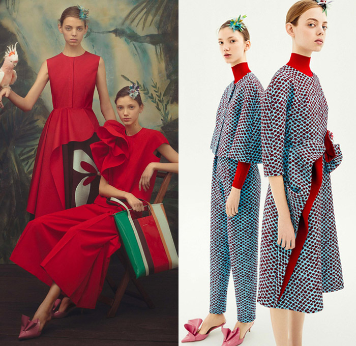 DELPOZO 2018 Pre Fall Autumn Womens Lookbook Presentation - Exotic Birds Parrot Crepe Wool Poplin Shirt Petals Knot Ribbon Bow Stripes Accordion Pleats Flowers Floral Embroidery Bedazzled Geometric Sheer Chiffon Tulle Draped Spots Plush Fur Coat Blouse Blazer Turtleneck Boatneck Rectangular Round Neck Pantsuit Knit Sweaterdress Strapless Maxi Dress Goddess Gown Eveningwear Angular Hem Onesie Jumpsuit Coveralls Wide Leg Palazzo Pants Tote Handbag Clutch Purse Hairpin Flats Mules Kitten Heels