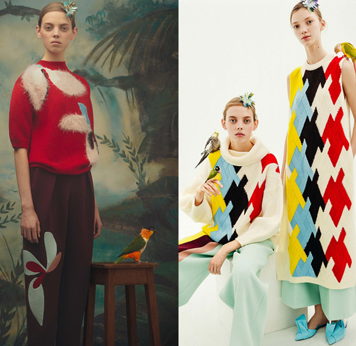 DELPOZO 2018 Pre Fall Autumn Womens Lookbook Presentation - Exotic Birds Parrot Crepe Wool Poplin Shirt Petals Knot Ribbon Bow Stripes Accordion Pleats Flowers Floral Embroidery Bedazzled Geometric Sheer Chiffon Tulle Draped Spots Plush Fur Coat Blouse Blazer Turtleneck Boatneck Rectangular Round Neck Pantsuit Knit Sweaterdress Strapless Maxi Dress Goddess Gown Eveningwear Angular Hem Onesie Jumpsuit Coveralls Wide Leg Palazzo Pants Tote Handbag Clutch Purse Hairpin Flats Mules Kitten Heels