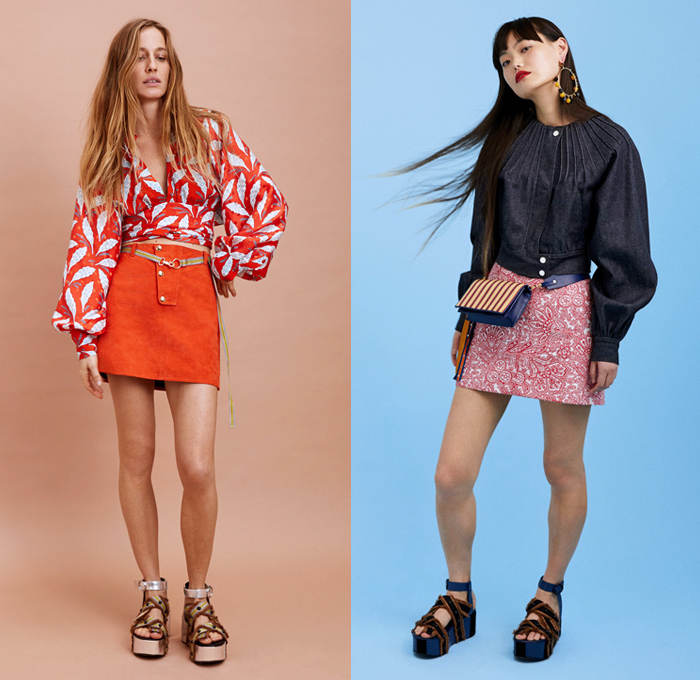 Diane von Furstenberg 2018 Pre Fall Autumn Womens Lookbook Presentation - Denim Jeans Blouse Tuxedo Stripe Trench Coat Pantsuit Rainwear Plastic Halter Loop Bandanna Strapless Bell Sleeves Leaves Decorative Art Paisley Bedazzled Metal Studs Fringes Plaid Tartan Check Wide Band Corset Stripes Cinch Polka Dots Sheer Chiffon Braid Maxi Dress Suede Miniskirt Tie Up Waist Flare Wide Leg Trousers Palazzo Pants Long Skirt Fanny Pack Waist Belt Pouch Tote Handbag Feed Bag Rope Wedge Sandals Heels Mules