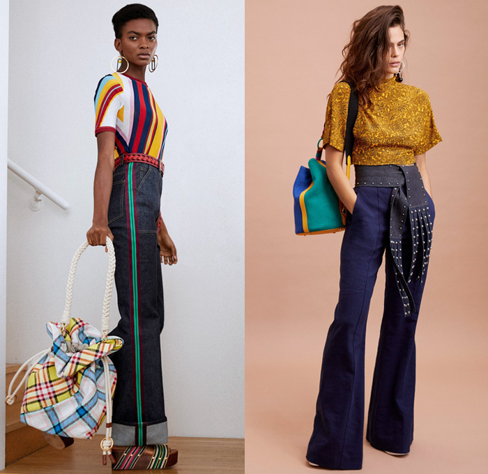 Diane von Furstenberg 2018 Pre Fall Autumn Womens Lookbook Presentation - Denim Jeans Blouse Tuxedo Stripe Trench Coat Pantsuit Rainwear Plastic Halter Loop Bandanna Strapless Bell Sleeves Leaves Decorative Art Paisley Bedazzled Metal Studs Fringes Plaid Tartan Check Wide Band Corset Stripes Cinch Polka Dots Sheer Chiffon Braid Maxi Dress Suede Miniskirt Tie Up Waist Flare Wide Leg Trousers Palazzo Pants Long Skirt Fanny Pack Waist Belt Pouch Tote Handbag Feed Bag Rope Wedge Sandals Heels Mules