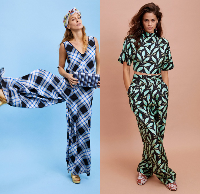 Diane von Furstenberg 2018 Pre Fall Autumn Womens Lookbook Presentation - Denim Jeans Blouse Tuxedo Stripe Trench Coat Pantsuit Rainwear Plastic Halter Loop Bandanna Strapless Bell Sleeves Leaves Decorative Art Paisley Bedazzled Metal Studs Fringes Plaid Tartan Check Wide Band Corset Stripes Cinch Polka Dots Sheer Chiffon Braid Maxi Dress Suede Miniskirt Tie Up Waist Flare Wide Leg Trousers Palazzo Pants Long Skirt Fanny Pack Waist Belt Pouch Tote Handbag Feed Bag Rope Wedge Sandals Heels Mules