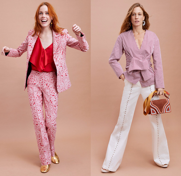 Diane von Furstenberg 2018 Pre Fall Autumn Womens Lookbook Presentation - Denim Jeans Blouse Tuxedo Stripe Trench Coat Pantsuit Rainwear Plastic Halter Loop Bandanna Strapless Bell Sleeves Leaves Decorative Art Paisley Bedazzled Metal Studs Fringes Plaid Tartan Check Wide Band Corset Stripes Cinch Polka Dots Sheer Chiffon Braid Maxi Dress Suede Miniskirt Tie Up Waist Flare Wide Leg Trousers Palazzo Pants Long Skirt Fanny Pack Waist Belt Pouch Tote Handbag Feed Bag Rope Wedge Sandals Heels Mules