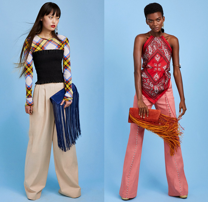 Diane von Furstenberg 2018 Pre Fall Autumn Womens Lookbook Presentation - Denim Jeans Blouse Tuxedo Stripe Trench Coat Pantsuit Rainwear Plastic Halter Loop Bandanna Strapless Bell Sleeves Leaves Decorative Art Paisley Bedazzled Metal Studs Fringes Plaid Tartan Check Wide Band Corset Stripes Cinch Polka Dots Sheer Chiffon Braid Maxi Dress Suede Miniskirt Tie Up Waist Flare Wide Leg Trousers Palazzo Pants Long Skirt Fanny Pack Waist Belt Pouch Tote Handbag Feed Bag Rope Wedge Sandals Heels Mules