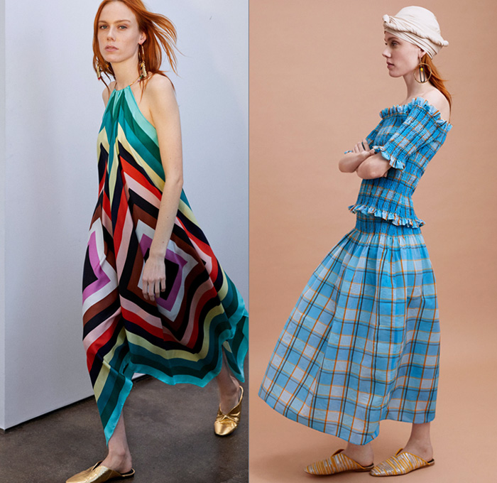 Diane von Furstenberg 2018 Pre Fall Autumn Womens Lookbook Presentation - Denim Jeans Blouse Tuxedo Stripe Trench Coat Pantsuit Rainwear Plastic Halter Loop Bandanna Strapless Bell Sleeves Leaves Decorative Art Paisley Bedazzled Metal Studs Fringes Plaid Tartan Check Wide Band Corset Stripes Cinch Polka Dots Sheer Chiffon Braid Maxi Dress Suede Miniskirt Tie Up Waist Flare Wide Leg Trousers Palazzo Pants Long Skirt Fanny Pack Waist Belt Pouch Tote Handbag Feed Bag Rope Wedge Sandals Heels Mules