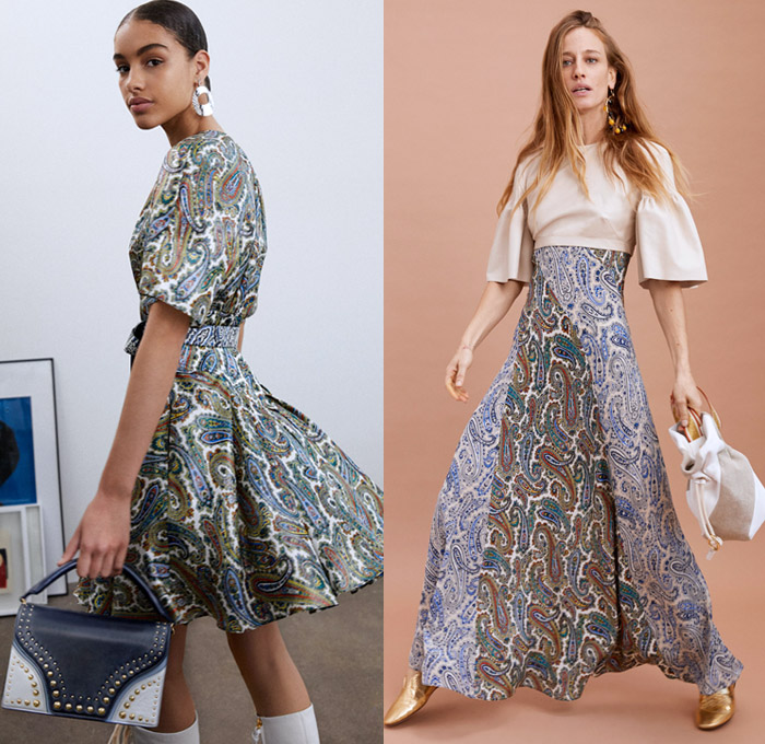 Diane von Furstenberg 2018 Pre Fall Autumn Womens Lookbook Presentation - Denim Jeans Blouse Tuxedo Stripe Trench Coat Pantsuit Rainwear Plastic Halter Loop Bandanna Strapless Bell Sleeves Leaves Decorative Art Paisley Bedazzled Metal Studs Fringes Plaid Tartan Check Wide Band Corset Stripes Cinch Polka Dots Sheer Chiffon Braid Maxi Dress Suede Miniskirt Tie Up Waist Flare Wide Leg Trousers Palazzo Pants Long Skirt Fanny Pack Waist Belt Pouch Tote Handbag Feed Bag Rope Wedge Sandals Heels Mules