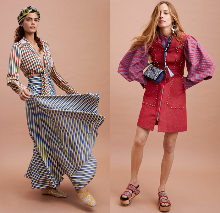 Diane von Furstenberg 2018 Pre Fall Autumn Womens Lookbook Presentation - Denim Jeans Blouse Tuxedo Stripe Trench Coat Pantsuit Rainwear Plastic Halter Loop Bandanna Strapless Bell Sleeves Leaves Decorative Art Paisley Bedazzled Metal Studs Fringes Plaid Tartan Check Wide Band Corset Stripes Cinch Polka Dots Sheer Chiffon Braid Maxi Dress Suede Miniskirt Tie Up Waist Flare Wide Leg Trousers Palazzo Pants Long Skirt Fanny Pack Waist Belt Pouch Tote Handbag Feed Bag Rope Wedge Sandals Heels Mules