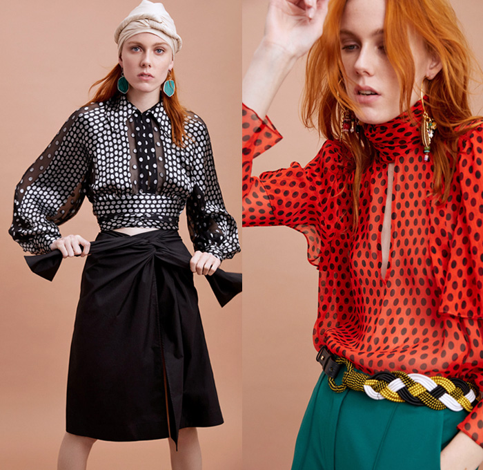 Diane von Furstenberg 2018 Pre Fall Autumn Womens Lookbook Presentation - Denim Jeans Blouse Tuxedo Stripe Trench Coat Pantsuit Rainwear Plastic Halter Loop Bandanna Strapless Bell Sleeves Leaves Decorative Art Paisley Bedazzled Metal Studs Fringes Plaid Tartan Check Wide Band Corset Stripes Cinch Polka Dots Sheer Chiffon Braid Maxi Dress Suede Miniskirt Tie Up Waist Flare Wide Leg Trousers Palazzo Pants Long Skirt Fanny Pack Waist Belt Pouch Tote Handbag Feed Bag Rope Wedge Sandals Heels Mules