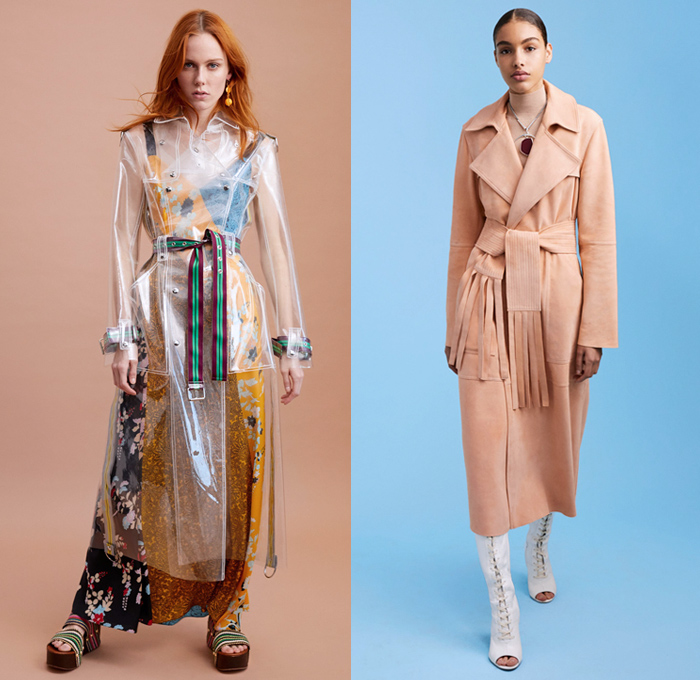 Diane von Furstenberg 2018 Pre Fall Autumn Womens Lookbook Presentation - Denim Jeans Blouse Tuxedo Stripe Trench Coat Pantsuit Rainwear Plastic Halter Loop Bandanna Strapless Bell Sleeves Leaves Decorative Art Paisley Bedazzled Metal Studs Fringes Plaid Tartan Check Wide Band Corset Stripes Cinch Polka Dots Sheer Chiffon Braid Maxi Dress Suede Miniskirt Tie Up Waist Flare Wide Leg Trousers Palazzo Pants Long Skirt Fanny Pack Waist Belt Pouch Tote Handbag Feed Bag Rope Wedge Sandals Heels Mules