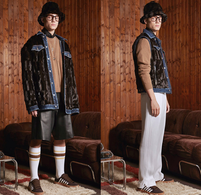 Dsquared2 2018 Pre Fall Autumn Mens Lookbook Presentation - Outdoorsman Denim Jeans Panels Distressed Outerwear Coat Parka Suit Bomber Motorcycle Biker Jacket Knit Sweater Cardigan Vest Waistcoat Cargo Pockets Mohair Plaid Tartan Check Metallic Camouflage Shorts Wide Leg Pants Furry Hat Plush Shearling Sport Socks 5 Stripes Sneakers Reading Glasses Bowtie Sunglasses Trucker Cap Logo Typography Necktie Tuxedo Stripe