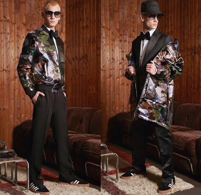 Dsquared2 2018 Pre Fall Autumn Mens Lookbook Presentation - Outdoorsman Denim Jeans Panels Distressed Outerwear Coat Parka Suit Bomber Motorcycle Biker Jacket Knit Sweater Cardigan Vest Waistcoat Cargo Pockets Mohair Plaid Tartan Check Metallic Camouflage Shorts Wide Leg Pants Furry Hat Plush Shearling Sport Socks 5 Stripes Sneakers Reading Glasses Bowtie Sunglasses Trucker Cap Logo Typography Necktie Tuxedo Stripe