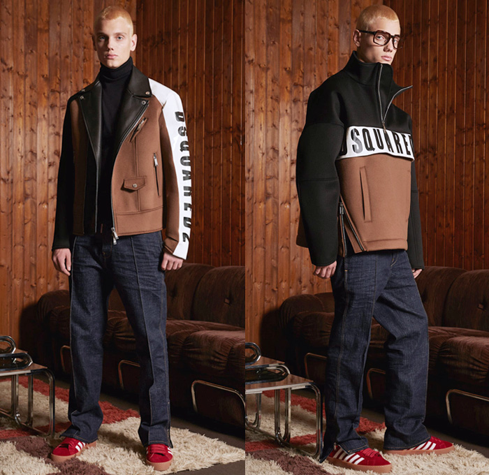 Dsquared2 2018 Pre Fall Autumn Mens Lookbook Presentation - Outdoorsman Denim Jeans Panels Distressed Outerwear Coat Parka Suit Bomber Motorcycle Biker Jacket Knit Sweater Cardigan Vest Waistcoat Cargo Pockets Mohair Plaid Tartan Check Metallic Camouflage Shorts Wide Leg Pants Furry Hat Plush Shearling Sport Socks 5 Stripes Sneakers Reading Glasses Bowtie Sunglasses Trucker Cap Logo Typography Necktie Tuxedo Stripe